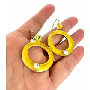 VTG Retro Yellow Frosty Resin Earrings Rhinestones Round Dangle Silver Tone